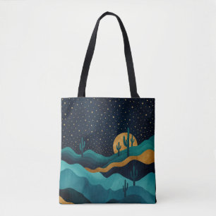 Golden Desert Nightscape – Abstract Cactus Art Tote Bag