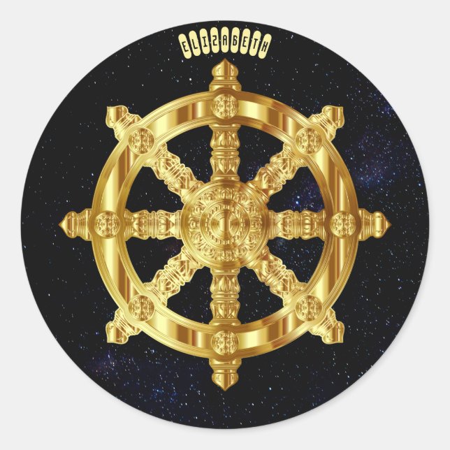 Golden Dharma Wheel Buddhism And Hinduism Symbol Classic Round Sticker (Front)