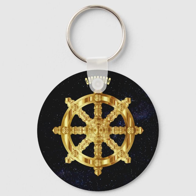 Golden Dharma Wheel Buddhism And Hinduism Symbol Key Ring (Front)