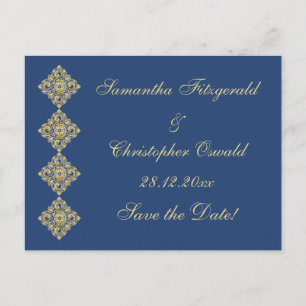 Golden Diamond Damask Blue Save the Date Announcement Postcard