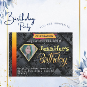 Golden Diamond Modern Minimalist Custom Birthday Invitation