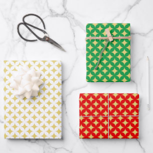 Golden Diamond Star on Green, Red & White Wrapping Paper Sheet