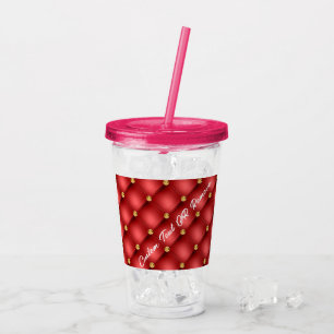 Golden Diamond Tufted Leather Custom Text Name Red Acrylic Tumbler