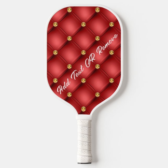 Golden Diamond Tufted Leather Custom Text Name Red Pickleball Paddle (Front)