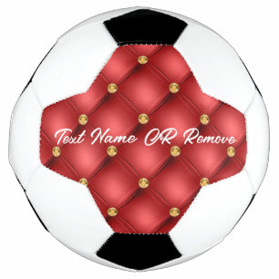 Golden Diamond Tufted Leather Custom Text Name Red Soccer Ball