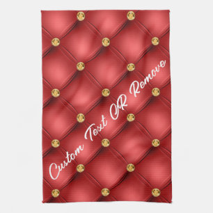 Golden Diamond Tufted Leather Custom Text Name Red Tea Towel