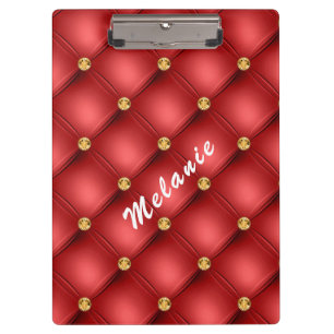 Golden Diamond Tufted Leather Your Text Name Red Clipboard