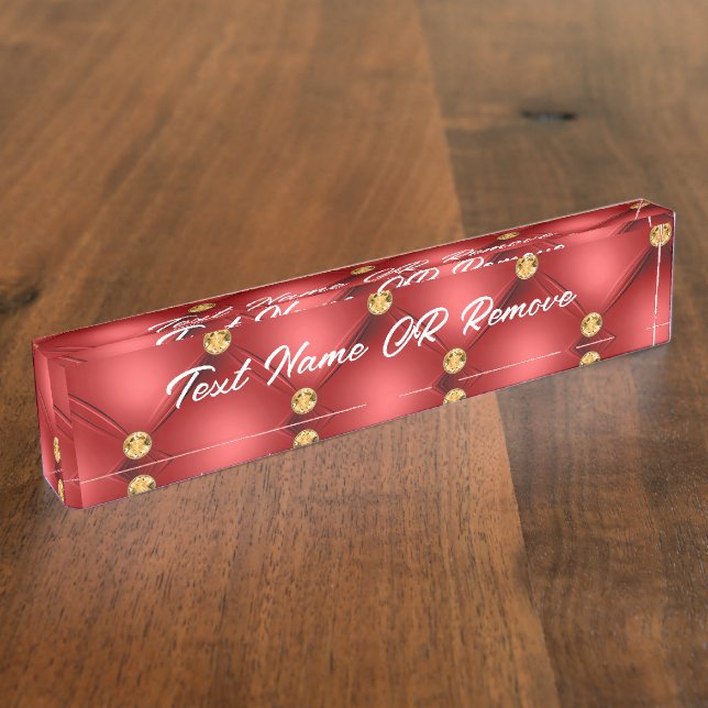 Golden Diamond Tufted Leather Your Text Name Red Nameplate (Side)
