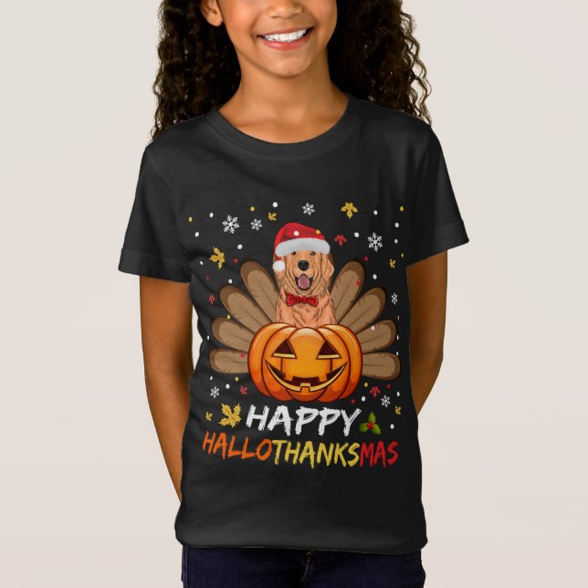 Golden Dog Happy Hallothanksmas Halloween Thanksgi T-Shirt (Front)