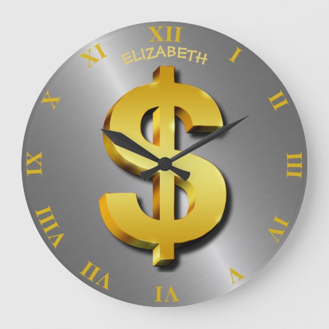 Golden Dollar Sparkling Sign Money Symbol Large Clock (Front)