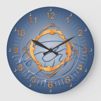 Golden Dolphins Ring Shades of Blue Large Clock
