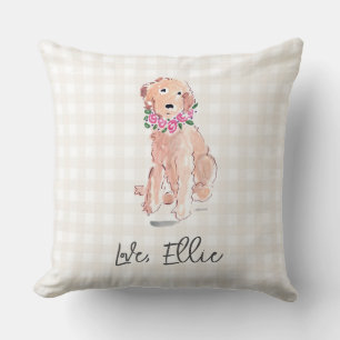 Golden Doodle Art Dog Flowers Love NAME Gingham Cushion