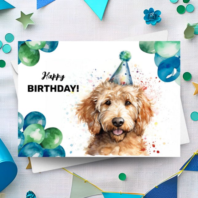 Golden Doodle Balloons and Party Hat Dog Birthday  Card (Creator Uploaded)