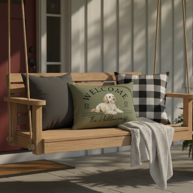 Golden Doodle Custom Family Name Welcome Decorative Cushion (Welcome guests to your home with this Golden Doodle Custom Family Name Welcome throw pillow!)