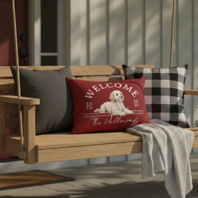 Golden Doodle Custom Family Name Welcome Decorative Cushion (Welcome guests to your home with this Golden Doodle Custom Family Name Welcome Throw Pillow!)