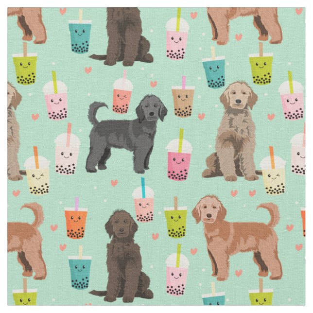 Golden Doodle cute and kawaii boba tea mint Fabric (Close Up)