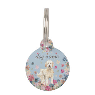Golden doodle cute floral blue elegant pet tag