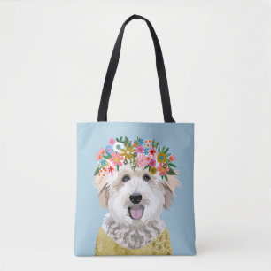 Golden Doodle Dog Flower Crown Illustration Tote Bag