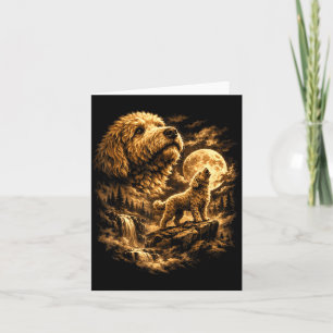 Golden doodle dog howling moon fantasy forrest card