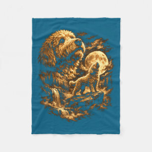 Golden doodle dog howling moon fantasy forrest fleece blanket
