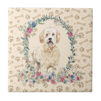 Golden Doodle Dog Paw Print Floral Cute Beige Tile
