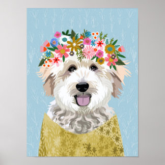 Golden Doodle Flower Wreath Dog Portrait Poster