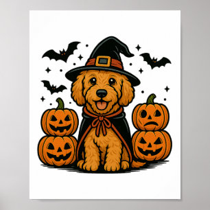 Golden Doodle Halloween Witch Pumpkins Bats Spooky Poster