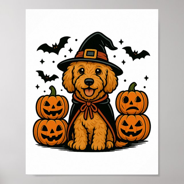Golden Doodle Halloween Witch Pumpkins Bats Spooky Poster (Front)