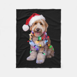 Golden Doodle In Santa Hat Wrapped Up In Christmas Fleece Blanket