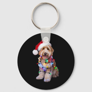 Golden Doodle In Santa Hat Wrapped Up In Christmas Key Ring