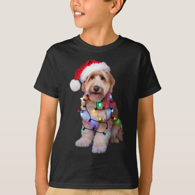 Golden Doodle In Santa Hat Wrapped Up In Christmas T-Shirt (Front)