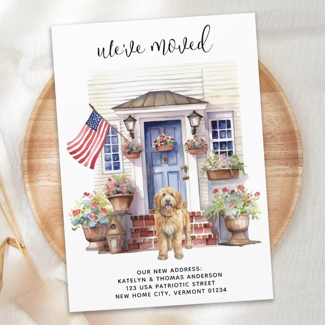 Golden Doodle Patriotic Personalised Dog Moving Announcement (Creator Uploaded)