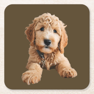 Golden Doodle Puppy Square Paper Coaster