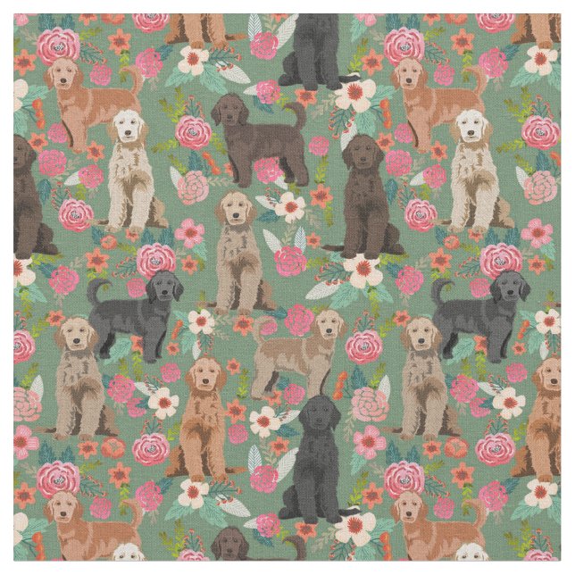 Golden Doodles vintage floral green Fabric (Close Up)