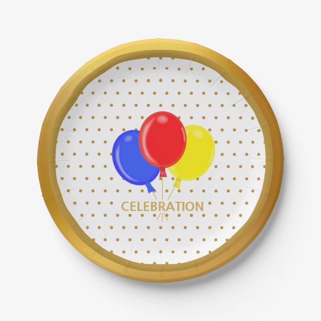 Golden Dots and Balloons Paper Plate (Front)