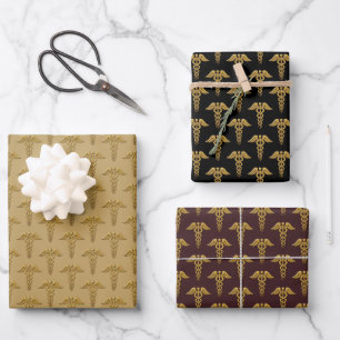 Golden Double Snake Caduceus Wrapping Paper Sheet