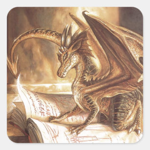 Golden Dragon Book Reading Square Sticker