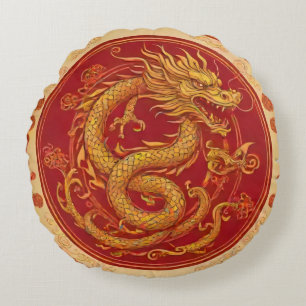 Golden Dragon Chinese new year Round Pillow