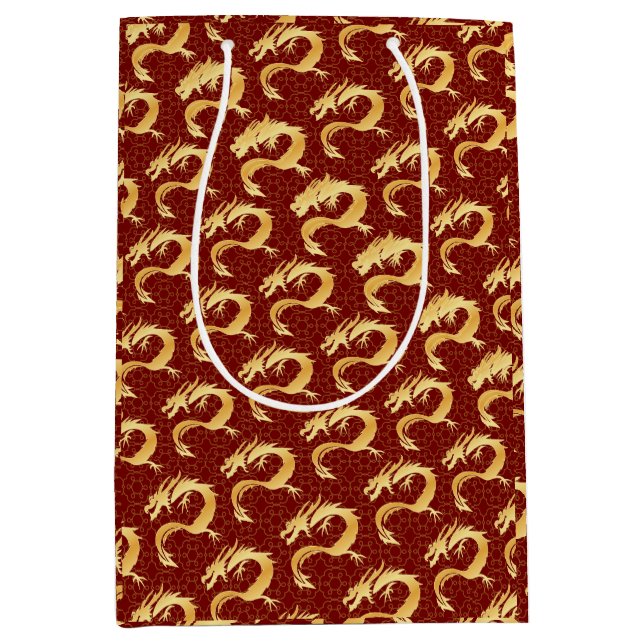 Golden Dragon Chinese New Year Wishes Oriental Red Medium Gift Bag (Front)