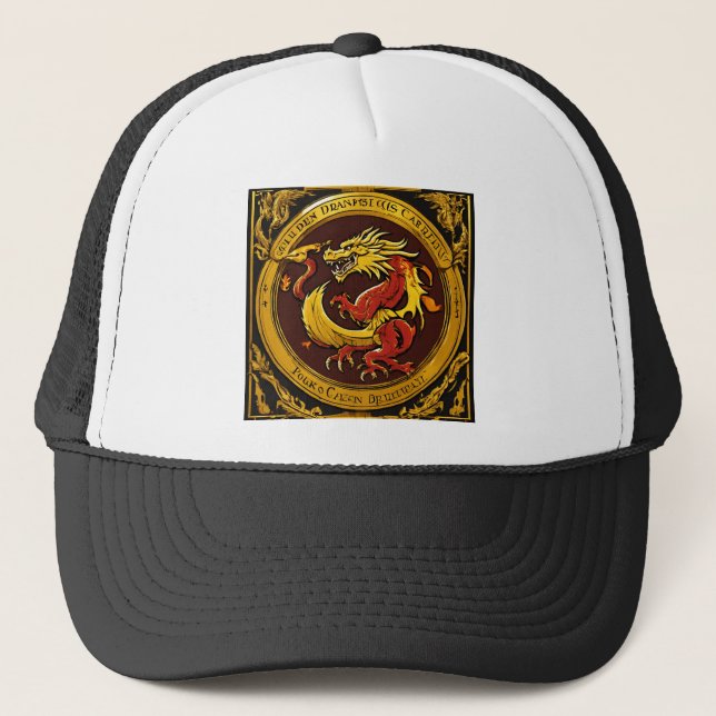 "Golden Dragon Hats: Intricately Designed Headwear Trucker Hat (Front)