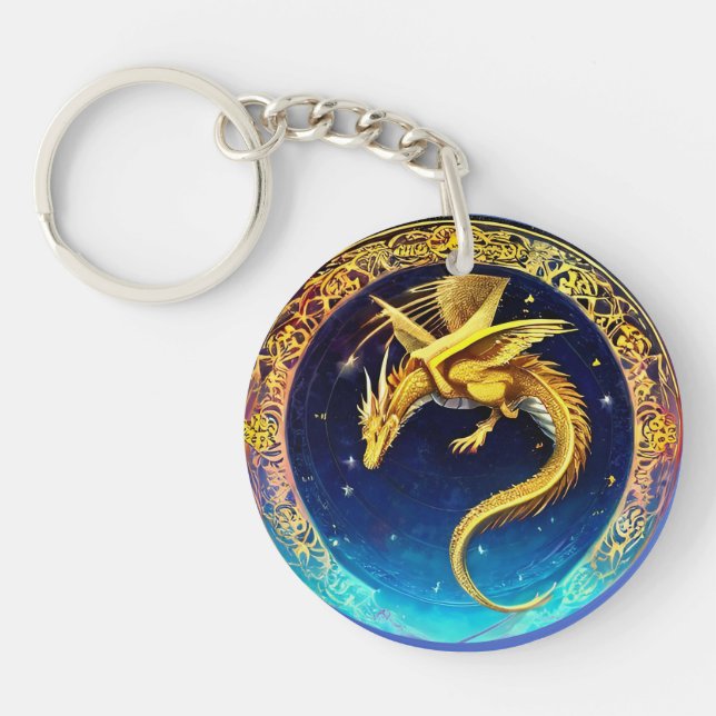 Golden Dragon in Cosmic Sky Key Ring (Front)