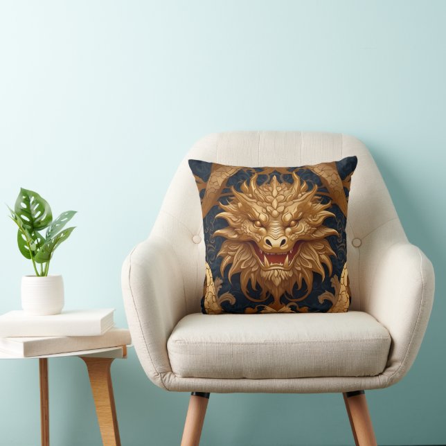 Golden Dragon Portrait on Deep Blue Cushion (Chair)