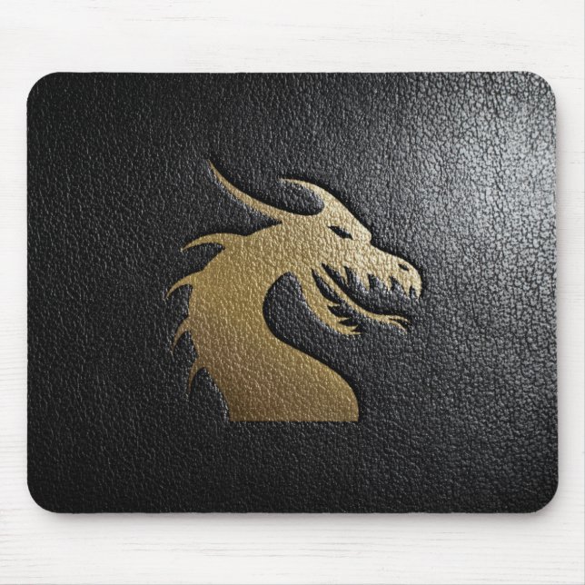 Golden dragon silhouette on black leather mouse pad (Front)