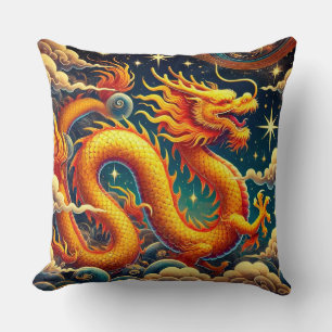 Golden Dragon Soaring Among Enchanting Clouds Cushion