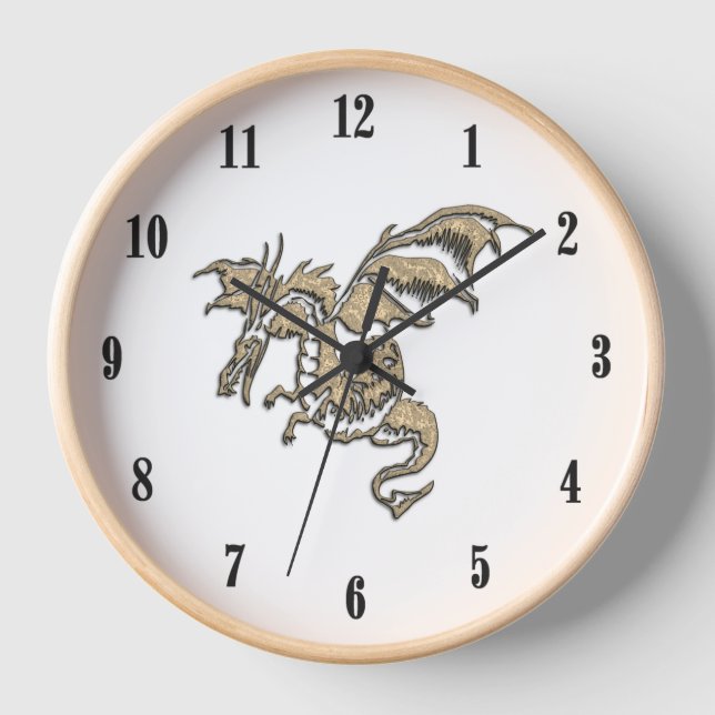 Golden Dragon White Face Black Numbers Clock (Front)