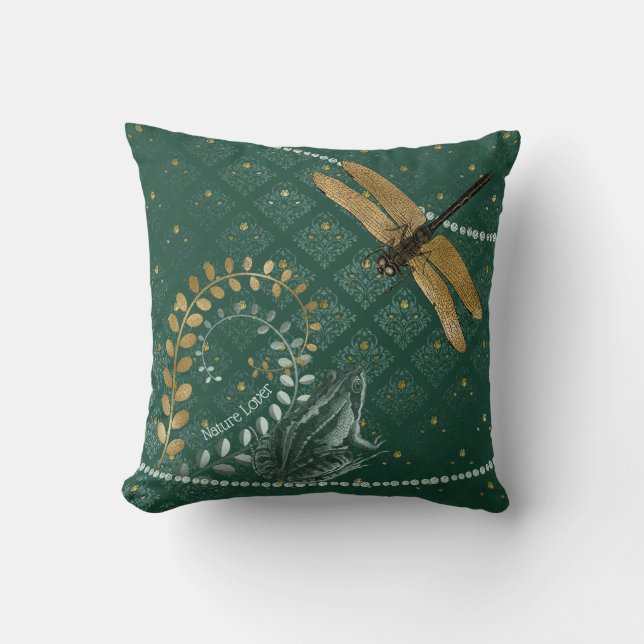 Golden Dragonfly and Teal Frog on Floral Damask Cushion (Front)