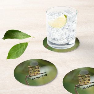 Golden Dragonfly Customisable Green Round Paper Coaster