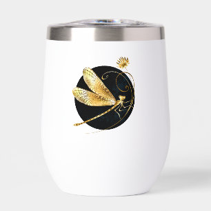 Golden dragonfly in black circle