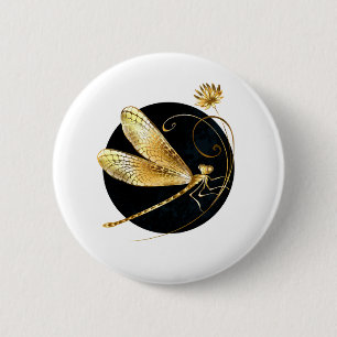 Golden dragonfly in black circle 6 cm round badge