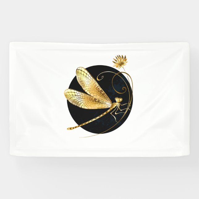 Golden dragonfly in black circle banner (Horizontal)